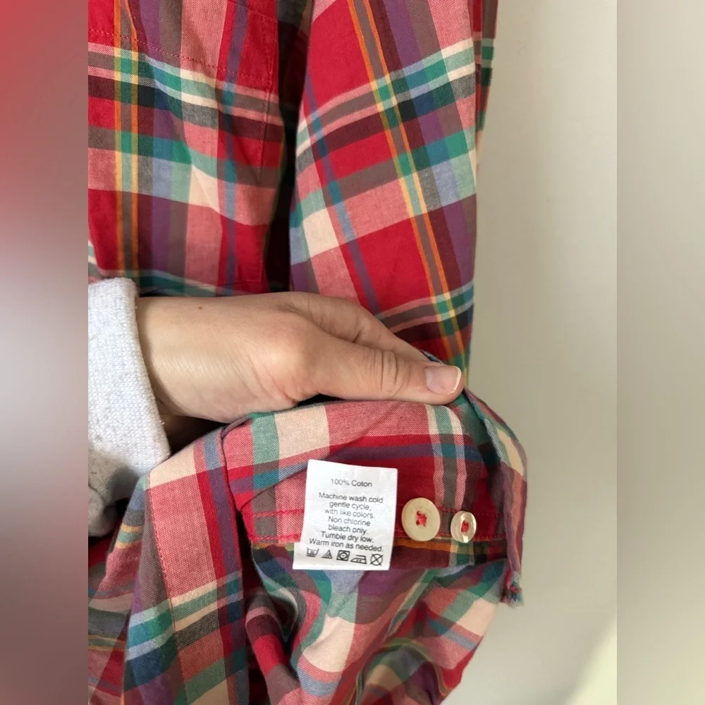 J. Crew Summer Plaid Cotton Button Down Shirt Casual Red Green Size M